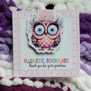Cute pink owl magnetic bookmark with large blue eyes and polka dot design
