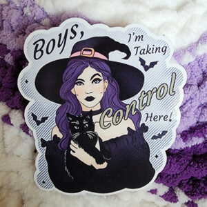 A confident witch named Luna, with purple hair and a black hat, holding a black cat, declares, "Boys, I'm Taking Control Here!"