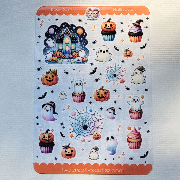 A sticker sheet featuring Halloween-themed "Boo Bash" designs with ghosts, pumpkins, cupcakes, and festive illustrations in bright colors.