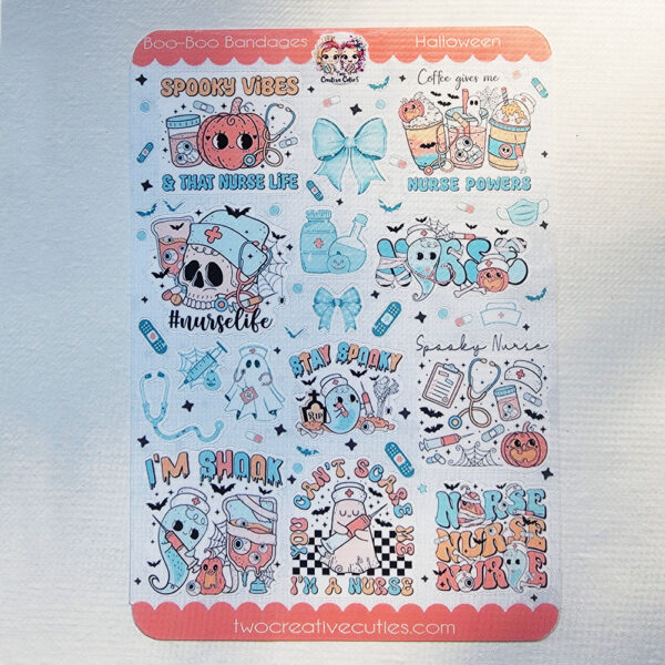 A sticker sheet featuring Halloween-themed "Boo Boo Bandages" with nurse-inspired spooky designs in vibrant colors and playful illustrations.