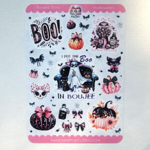 A Halloween sticker sheet with stylish designs including black cats, pumpkins, and the phrase “I put the Boo in Boujee.”