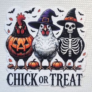 Illustration of three chickens in Halloween costumes—a jack-o'-lantern, a witch, and a skeleton—above the text "Chick or Treat."