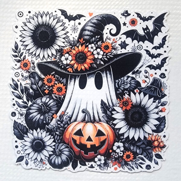 A Halloween-themed vinyl sticker of a ghost in a witch’s hat, surrounded by sunflowers, bats, and a jack-o'-lantern.