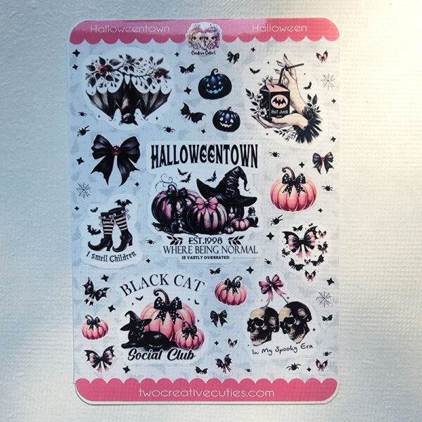 A sheet of Halloween-themed stickers featuring spooky, whimsical designs on a gray background.