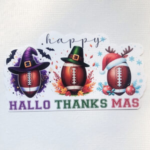 Illustration of three footballs dressed for Halloween, Thanksgiving, and Christmas with the text "Happy HalloThanksMas" underneath.