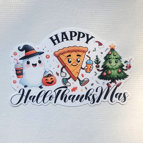 Illustration of a ghost with Halloween decorations, a slice of pumpkin pie, and a Christmas tree with the text "Happy HalloThanksMas."