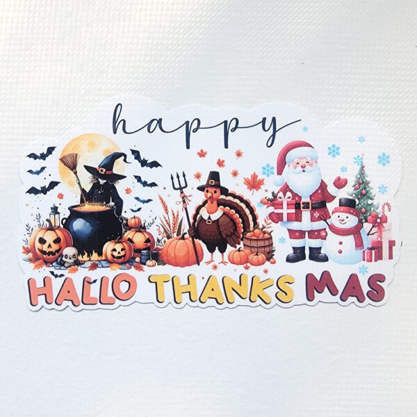 A vinyl sticker showing a witch, turkey, and Santa with "Happy HalloThanksMas" text in a festive holiday scene.