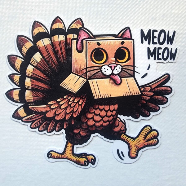 Cartoon of a turkey wearing a box with cat features, saying "Meow Meow."