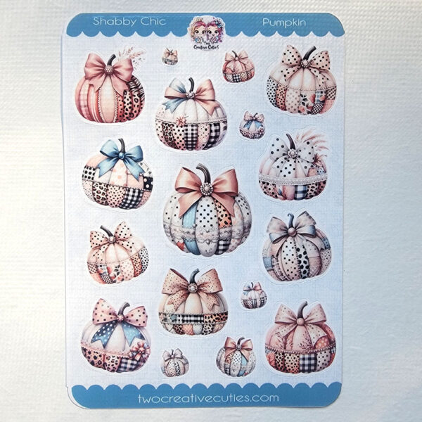 A sticker sheet featuring various sizes of pastel-colored shabby chic pumpkins adorned with bows and intricate patterns.